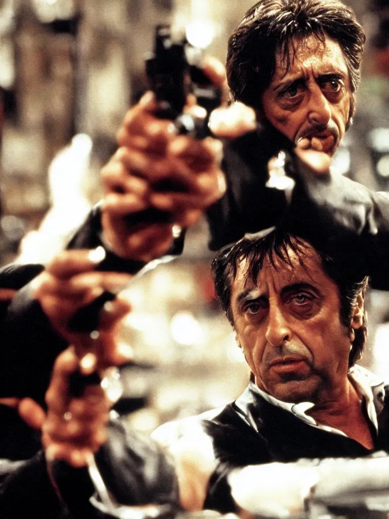 Image similar to medium shot. cogerent eyes. detailed face. al pacino as scarface. scarface movie. posterization.