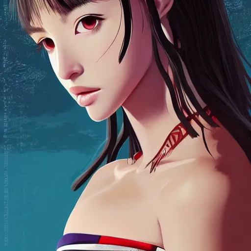 Image similar to a beautiful young japanese natalie portman alluring gravure model, stylized concept art, wearing elegant designer bomber jacket and one piece bikini, bomber jacket with mesoamerican patterns, mesoamerican native street fashion, princess mononoke, painted by ilya kuvshinov aesthetic, gorgeous, stunning, alluring, attractive, artstation, pinterest, digital art
