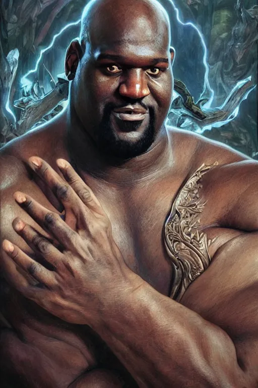 Image similar to portrait of shaquille o'neal as a hulking herculean demon, forest, godlike, full body, fantasy, intricate, elegant, highly detailed, digital painting, artstation, concept art, sharp focus, illustration, art by artgerm and greg rutkowski and alphonse mucha