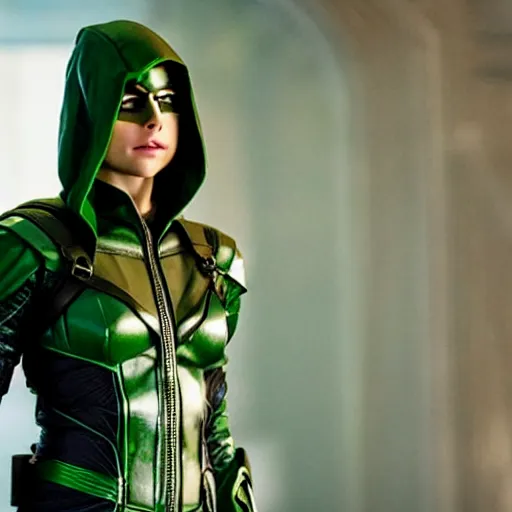 Image similar to film still of willa holland as a female green arrow in the 2 0 1 7 film justice league, focus on facial details, minimal bodycon feminine costume, dramatic cinematic lighting, inspirational tone, suspenseful tone, promotional art