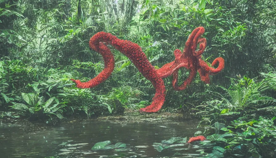 Image similar to a rainy foggy jungle, river with low hanging plants, there is a giant coral colored octopus in the water, great photography, ambient light