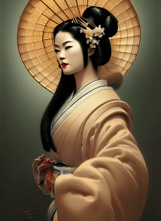 Prompt: portrait of a geisha, bokeh, intricate, elegant, highly detailed, digital painting, artstation, concept art, smooth, sharp focus, illustration, art by artgerm, greg rutkowski, gil elvgren, symmetry, natural light, 1 3 5 mm!!