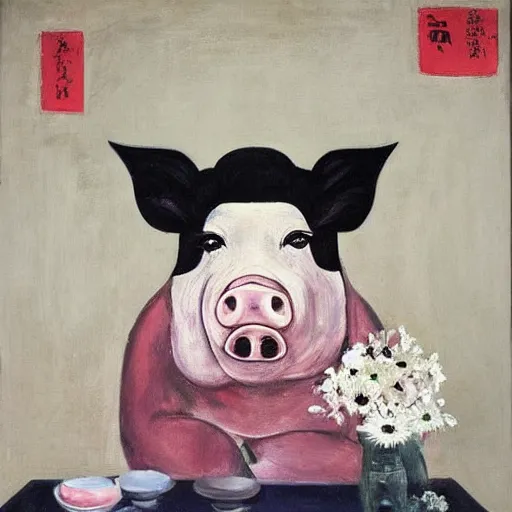 Prompt: “a portrait in an art student’s apartment, a feminine pig in a rotenburo, hakone, pork, ikebana white flowers, white wax, squashed berries, acrylic and spray paint and oilstick on canvas, by munch and Dali”