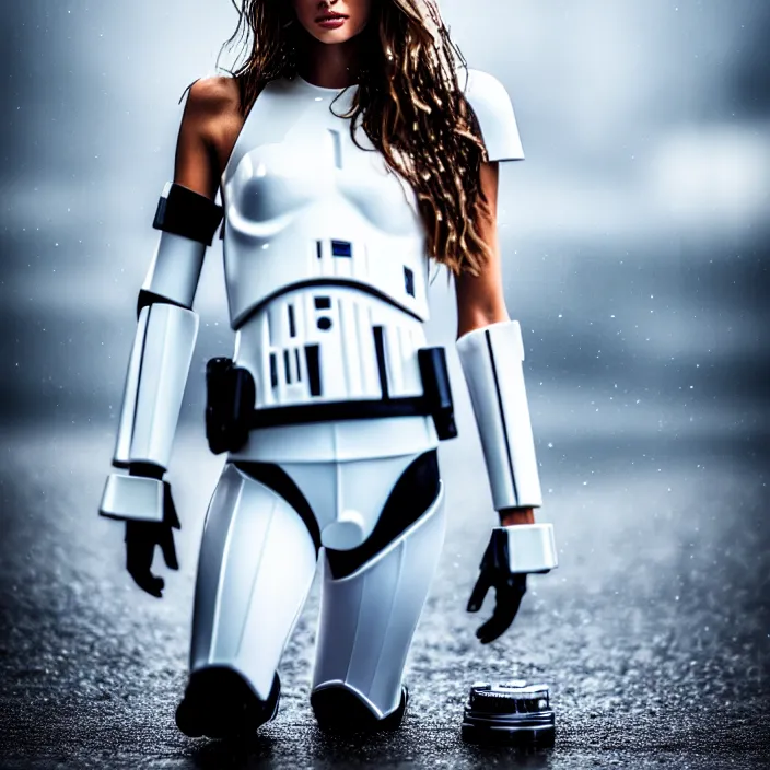 Image similar to fully body pose, photo of a very beautiful!! victoria secret model, stormtrooper themed, wet hair, raining, 8 k, hdr, smooth, sharp focus, high resolution, award - winning photo, trending on artstation, dslr, 5 0 mm