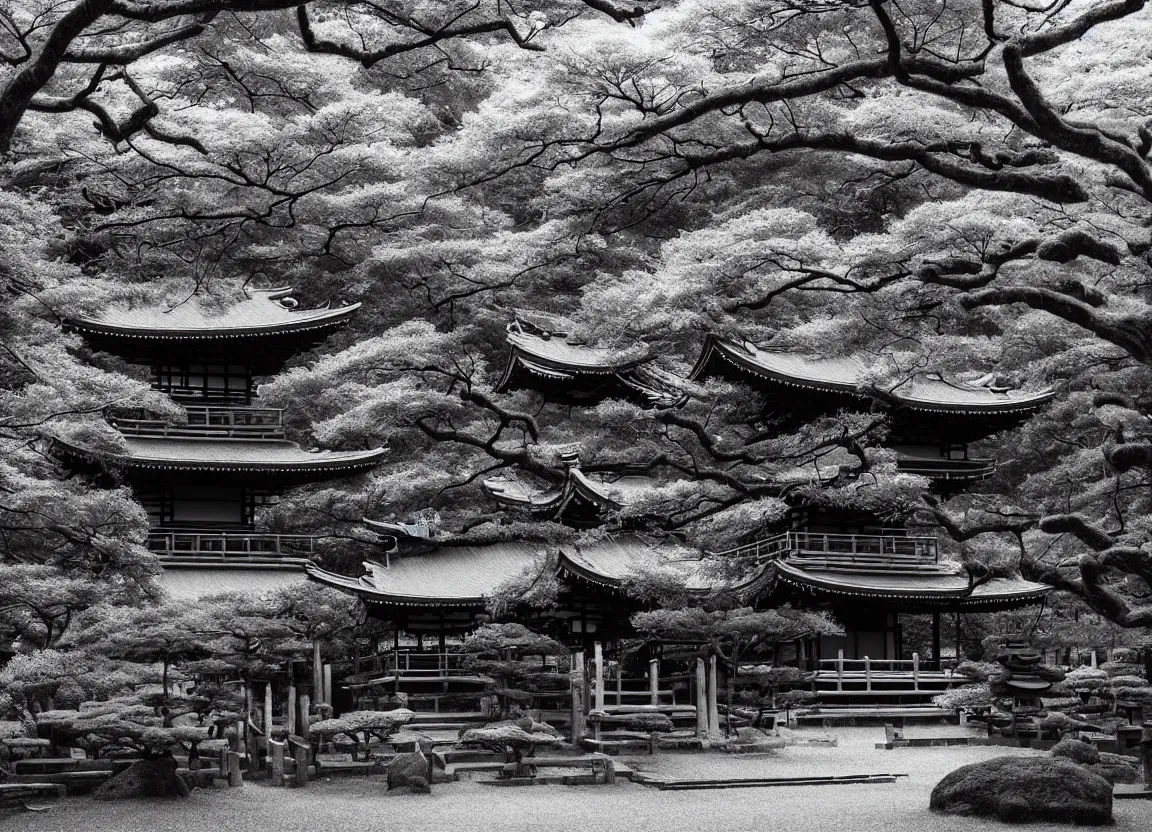 Image similar to realistic forest with an ancient Japanese shrine, Japanese Style, Monochrome, Plotter-art