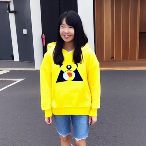 Image similar to an asian girl wearing a bright yellow hoodie with pikachu ears, full body shot,