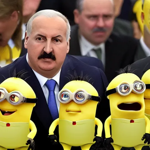 Image similar to Alexander Lukashenko surrounded by yellow Minions