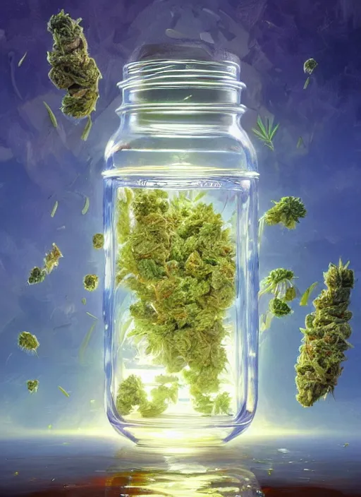 Prompt: detailed surreal digital painting of a mason jar full of cannabis buds, surreal mushrooms and large capsules by artstation, fanart behance hd by jesper ejsing, by rhads, makoto shinkai and lois van baarle, ilya kuvshinov, rossdraws, brainstorm, global illumination, radiant light, detailed and intricate environment