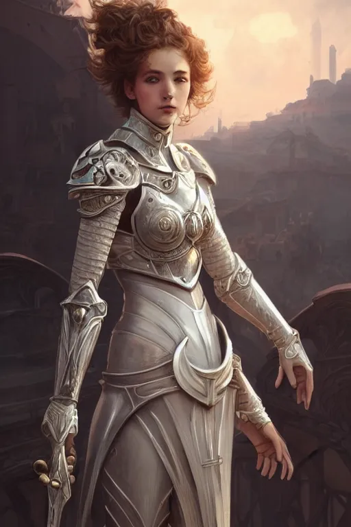 Image similar to portrait young knights of Zodiac girl, matt white color armor, in ruined Agora of Athens Sunrise, ssci-fi and fantasy, intricate and very beautiful and elegant, highly detailed, digital painting, artstation, concept art, smooth and sharp focus, illustration, art by tian zi and WLOP and alphonse mucha