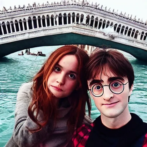 Prompt: Harry Potter and Hermione in Venice, symmetrical face, beautiful eyes, instagram photo,