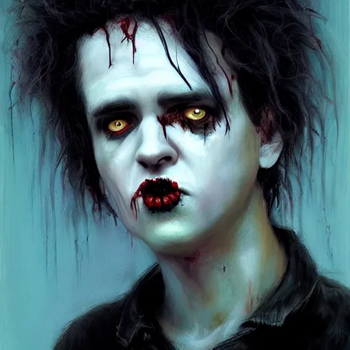 Prompt: young and skinny robert smith as a zombie feeling shy with fluffy big hair, 7 days to die zombie, fine art, award winning, intricate, soft light from the side, elegant, sharp focus, cinematic lighting, highly detailed, digital painting, 8 k concept art, art by z. w. gu, art by brom, art by michael hussar, masterpiece, 8 k