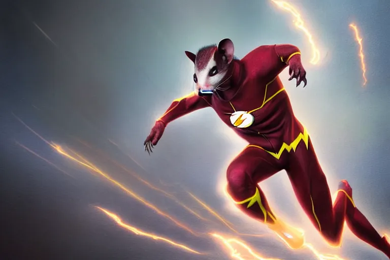 Image similar to a stunning digital painting of a opossum as the flash in spandex costume, running in the speedforce by greg rutkowski, volumetric light, digital art, fine detail, photorealistic