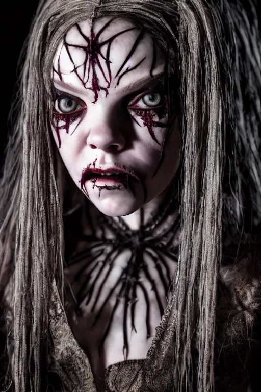 Image similar to dressed anya taylor - joy, a sinister demonic princess of cenobites, symmetrical, cinematic, elegant, demonic atmosphere, professional studio light, real dlsr photography, sharp focus, costume made by clive barker, real rotten flesh, blood and bones, 4 k, ultra hd, sense of awe