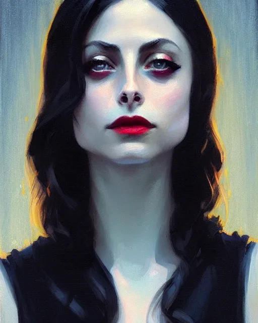 Prompt: style of jeremy lipking, artgerm : : gorgeous willa holland : : evil witch, swirling black magic, black dress : : symmetrical face, symmetrical eyes : : full body pose : : gorgeous black hair : : magic lighting, low spacial lighting : :