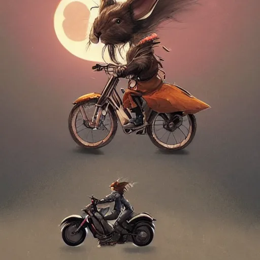 Prompt: bunny wearing a leather jacket riding a motorbike on a highway during sakura season on a blood moon, by peter mohrbacher, james jean, wlop, greg rutkowski, detailed - face!!!, rule of thirds, dynamic pose, action pose, beautiful landscape