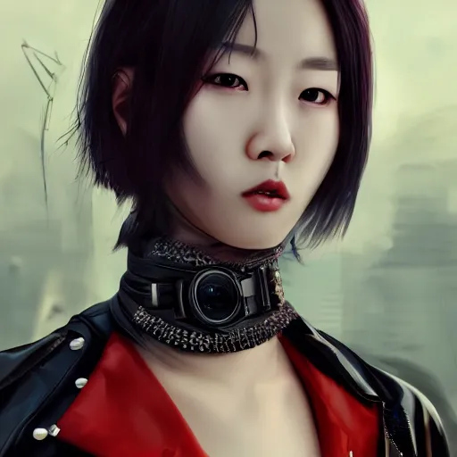 Prompt: detailed realistic korean female character cyberpunk, realistic, art, beautiful, 4K, artstation, detailed, female, woman, choker, cyberpunk, neon, punk, collar, choker, collar around neck, thick collar, tight around neck, punk, looking straight forward, symmetrical eyes, beautiful eyes, realistic eyes