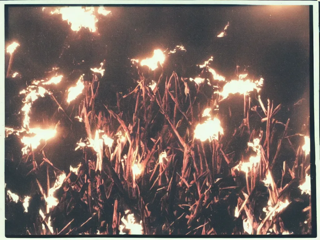 Image similar to 80s polaroid colour flash photograph of Rammstein concert pyrotechnics