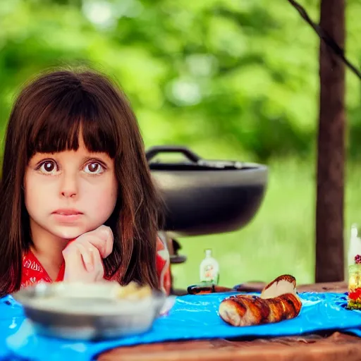 Image similar to big - eyed brunette sweet little girl looking sad in front of barbecue near tent at camp, artistic 4 k