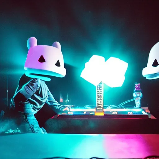 Prompt: deadmau5 fighting Marshmello, dramatic light