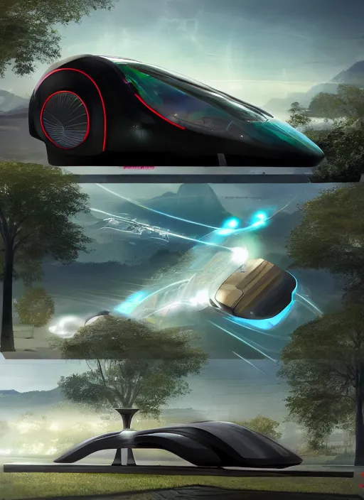 Image similar to a futuristic magical solarpunk tesla cyber truck vehicle hover craft in the future of 2 0 8 9 futuristic version, dieselpunk look, intricate modular automotive parts shape, aero dynamic, digital art. trending on art station. cyberpunk look hovering by mount fuji early in the morning with a few blossom trees around, high quality photo