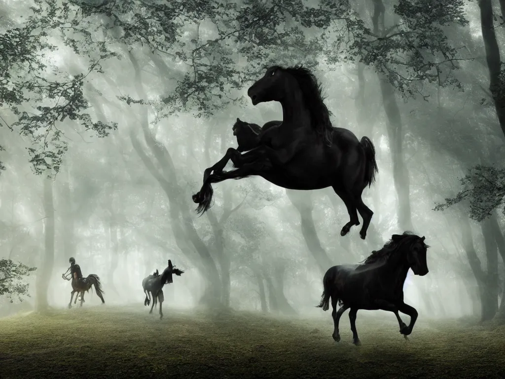 Image similar to a woman ridingon a strong black horse through a oak and beech forrest, rays of life, cinematic, fantasy art, moody morning light, cryengine, trending on artstation, by peter jackson