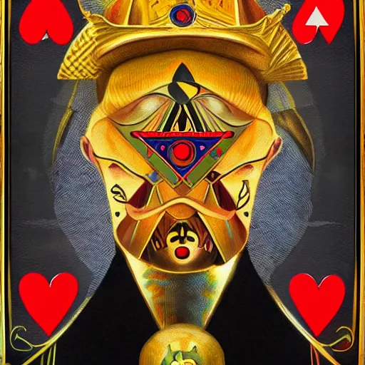 Image similar to a set of illuminati playing cards in the style of Salvador Dali, hyper-realistic, highly detailed, depth of field, High definition, 8k, octane render, artstation