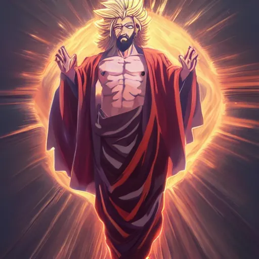 Image similar to Jesus christ transforming in super Saiyan holding the a shiny Sacred Heart , by Stanley Artgerm Lau, WLOP, Rossdraws, James Jean, Andrei Riabovitchev, Marc Simonetti, Yoshitaka Amano, ArtStation, CGSociety,