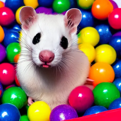 Image similar to ferret with clown makeup, in a ball pit