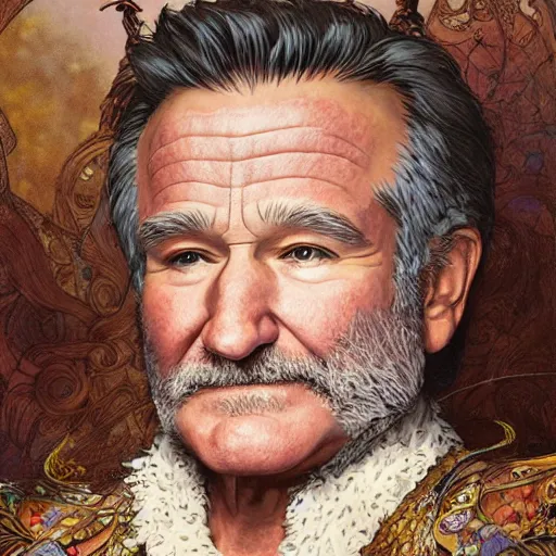 Image similar to an ultradetailed portrait of robin williams dressed as sheogorath, d & d, fantasy, intricate, elegant, highly detailed, digital painting, matte, sharp focus, illustration, art by john collier and albert aublet and krenz cushart and artem demura and alphonse mucha