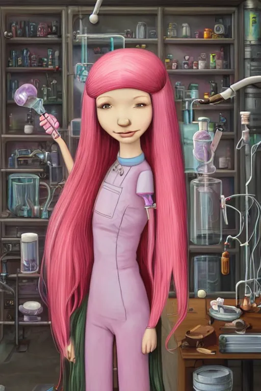 Prompt: highly detailed, industrial profile portrait of adult princess bubblegum from adventure time, experimenting in her science lab, wearing lab coat, long bubblegum hair, long straight bangs, confident, beautiful, attractive, illustration concept art by nicoletta ceccoli, mark ryden, lostfish, detailed and intricate environment, 8 k resolution, hyperrealistic, octane render, deviant art