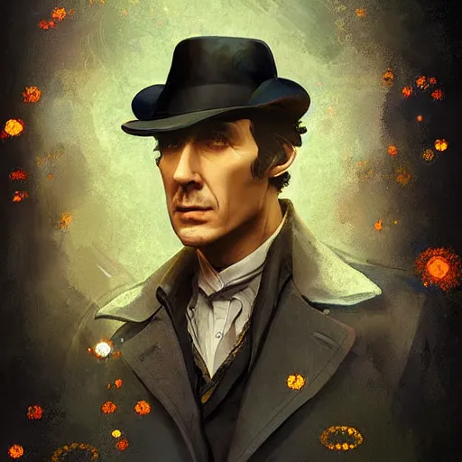 Image similar to portrait of stylized michael cain as sherlock holmes looking troubled, intricate detail, digital painting, particles floating, whimsical background by marc simonetti, artwork by ross tran + ramond swanland + liam wong