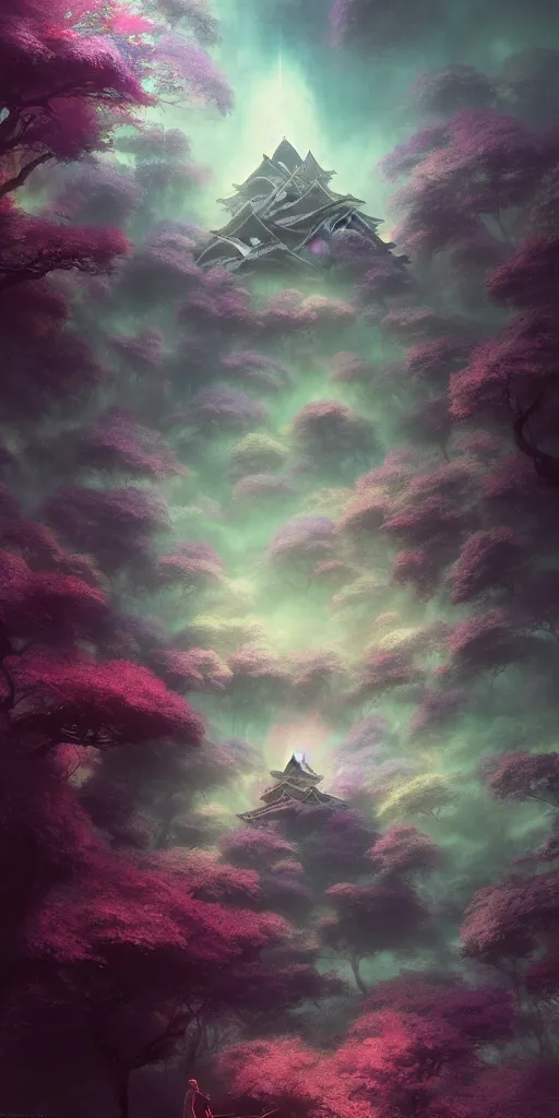 Prompt: a psychedelic realm hidden away in a pocket of ethereal understanding, astral projection of himeji castle, in the style of greg rutkowski, and wlop, and lisa frank, and bob ross, and ruan jia, illustration, epic, fantasy, hyper detailed, smooth, unreal engine, sharp focus, ray tracing