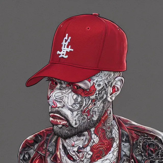 Image similar to the portrait of chaotic neutral los angeles blood's gang member wearing a red dodgers baseball cap, an ultrafine hyperdetailed illustration by kim jung gi, irakli nadar, intricate linework, bright colors, octopath traveler, final fantasy, unreal engine 5 highly rendered, global illumination, radiant light, detailed and intricate environment