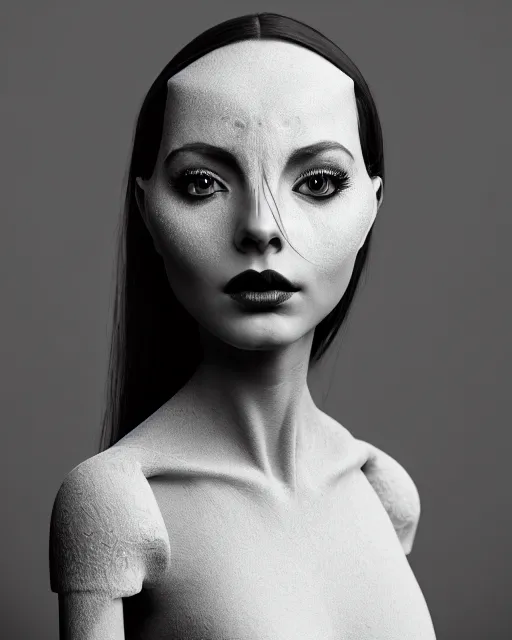 Image similar to surreal mythical dreamy dark artistic black and white fine art 3 / 4 portrait photo of a young delicate female robot - vegetal - human with orchid - owl face, rim light, cinematic, studio dramatic light, poetic, octane render, 8 k, photo - realistic