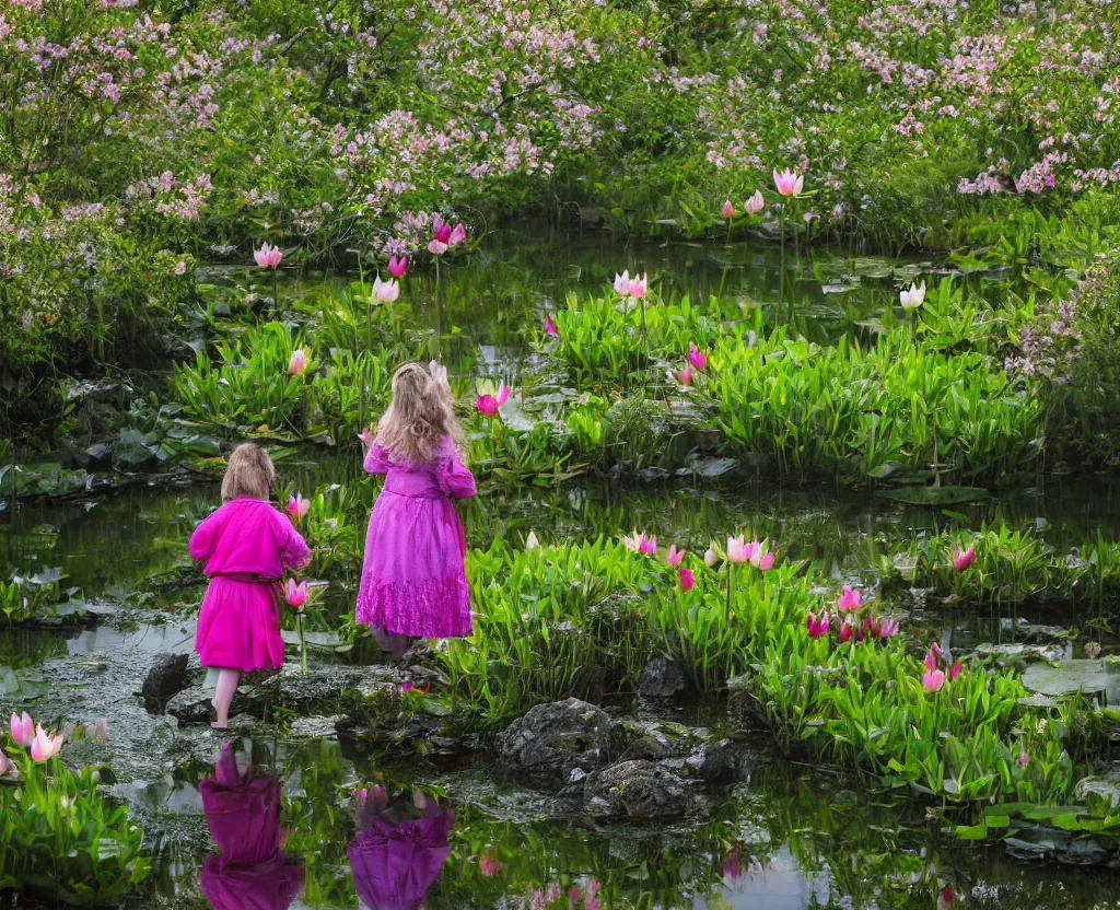 Prompt: a hobbit girl backlit carrying flowers near a mirror like pond, by martin parr, colorful clothing, springtime flowers and foliage in full bloom, lotus flowers on the water, dark foggy forest background, sunlight filtering through the trees, 3 5 mm photography