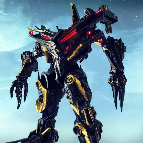 Image similar to cinematic shot, 35 foot tall extremely detailed beautiful handsome quadrupedal western robot mecha dragon, sharp edged black armor, shining gold accents around the edges, sleek OLED blue visor for eyes, four legs, walking in busy neon city streets, sharp claws, epic shot, highly detailed art, sci fi, furry, 3D realistic, warframe fanart, destiny fanart, furry art, dragon art, feral art, macro art, furaffinity, DeviantArt, sofurry