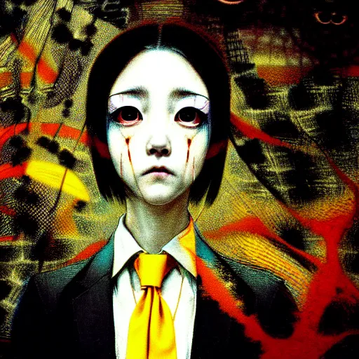 Image similar to yoshitaka amano blurred and dreamy realistic three quarter angle horror portrait of a sinister young woman with short hair and yellow eyes wearing office suit with tie, junji ito abstract patterns in the background, satoshi kon anime, noisy film grain effect, highly detailed, renaissance oil painting, weird portrait angle, blurred lost edges