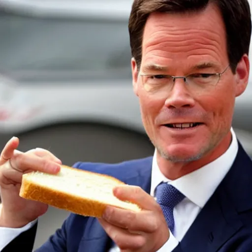 Prompt: mark rutte eating a cheese sandwich