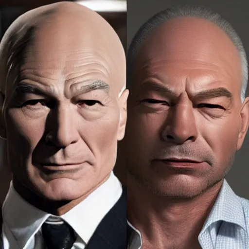 Image similar to a man who is a genetic combination of patrick stewart and jonathan frakes and levar burton and michael dorn and brent spiner, face and upper - body focus, detailed eyes