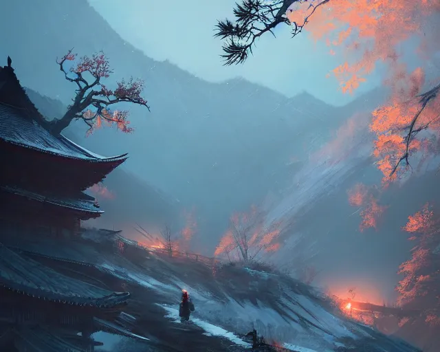 Image similar to sekiro mountain, cinematic lighting, ismail inceoglu, artstation, marc simonetti