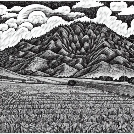 Prompt: Fields and mountains by Kentaro Miura, highly detailed, black and white