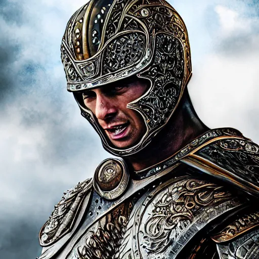 Image similar to portrait of cristano ronaldo wearing heavy shiny armor, gladiator style, clouded, detailed, intricate, realistic, hdr, 8 k