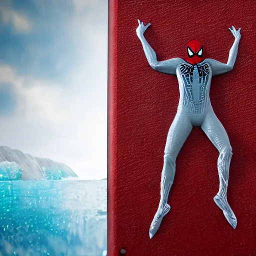 Prompt: spiderman frozen in carbonite, ultra realistic, intricate details, highly detailed, photorealistic, 8 k, vegetation, water, cave