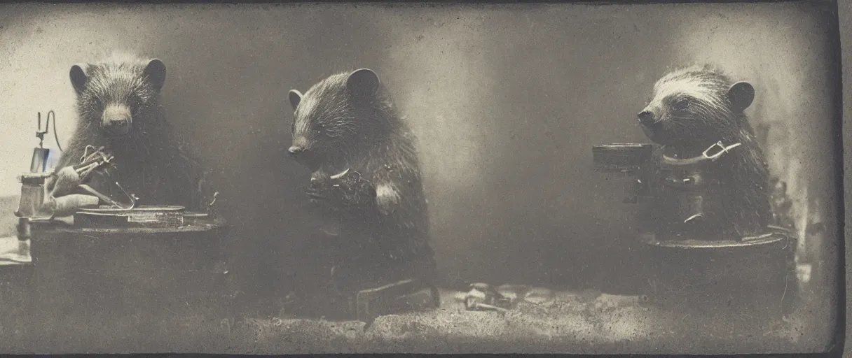 Prompt: detailed daguerreotype of a honey badger as watchmaker in workshop, stempunk laboratory, vintage style, wet collodion, stempunk, sepia, monochrome black and white, artistic photo from late xix century, high resolution, dark atmosphere