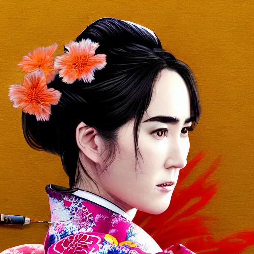 Image similar to Japanese Jennifer Connelly wearing kimono, realistic, photo studio, HDR, 8k, trending on artstation