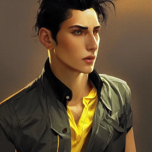 Image similar to ultra realistic illustration, a young man with black hair, in a checkered yellow and black shirt, with blue eyes, highly detailed, digital painting, artstation, concept art, smooth, sharp focus, illustration, art by artgerm and greg rutkowski and alphonse mucha