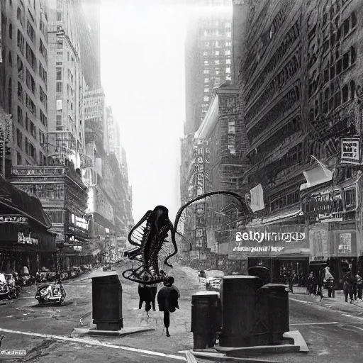 Image similar to old black and white photo, 1 9 1 3, depicting a xenomorph from the movie aliens rampaging through the bustling streets of new york city, historical record