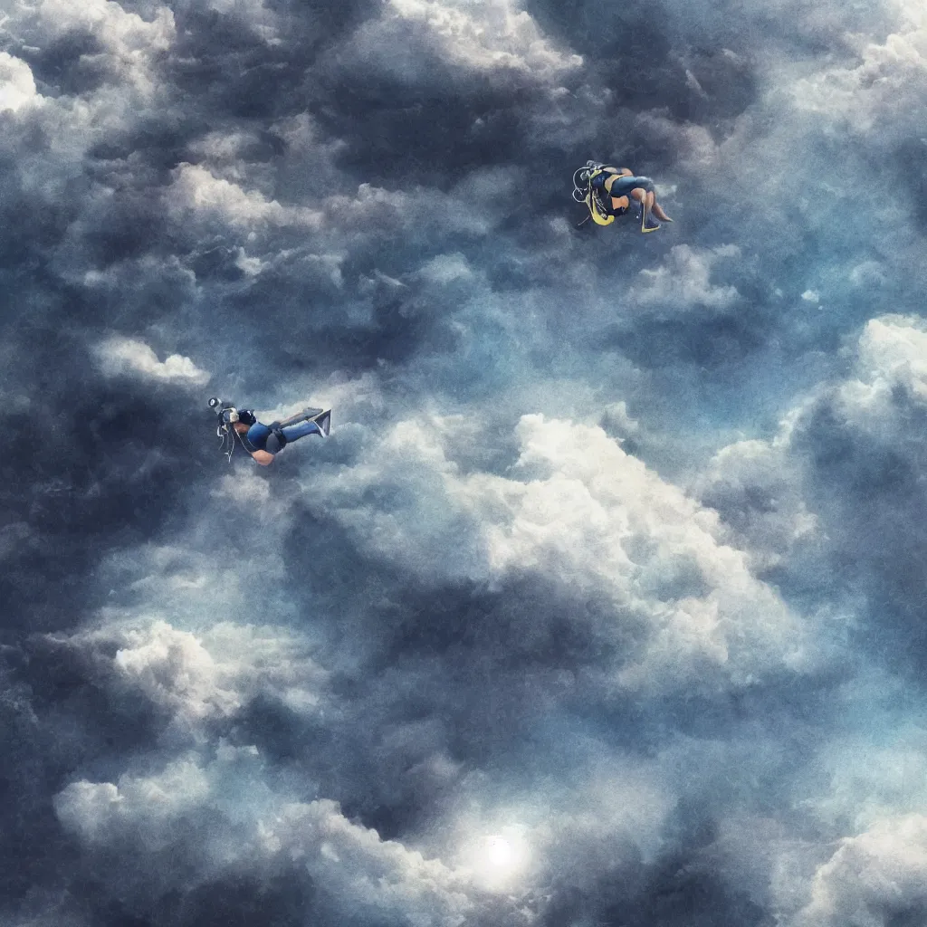 Image similar to a scubadiver floating above the clouds, closeup, digital illustration