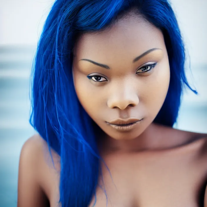 Image similar to photograph of a beautiful! woman with blue coloured skin skin!!!!!!!!!!. extremely detailed. dslr. 5 0 mm.