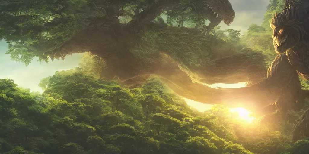 Prompt: close up of a giant monster rising from a forest. view from tree tops, 4 k, artgerm, high detail, dramatic lighting, sunset, hayao miyazaki, masashi ando, nizou yamamoto, kazuo oga, joe hisaishi, yoji takeshige, naoya tanaka